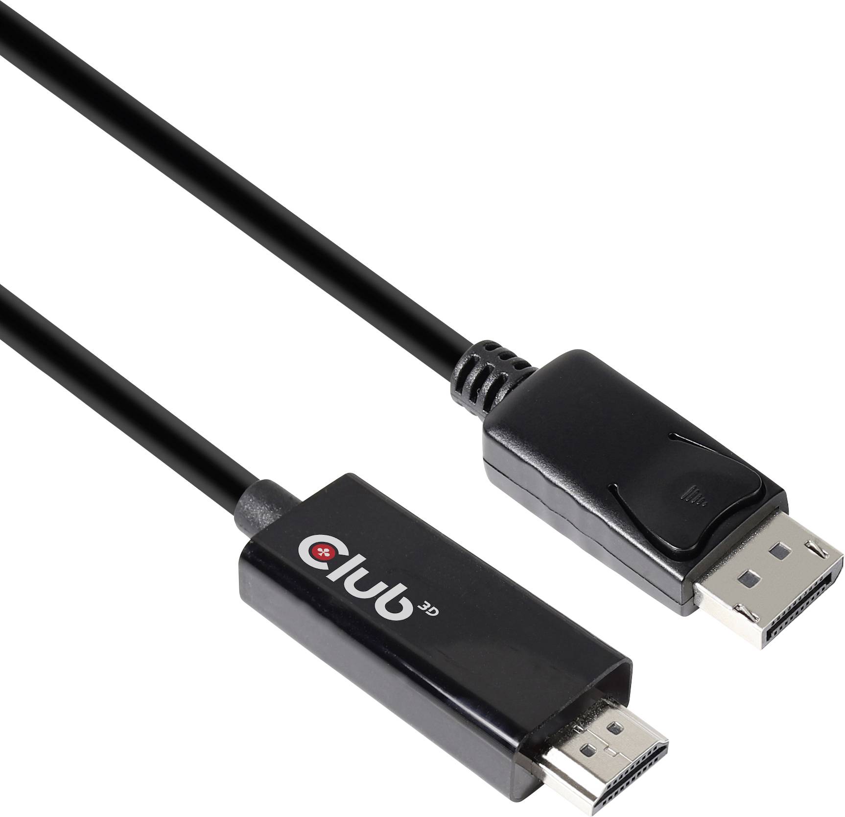 Čierny kábel Club 3D s konektorom DisplayPort na jednom konci a konektorom HDMI na druhom konci na prepojenie zariadení.