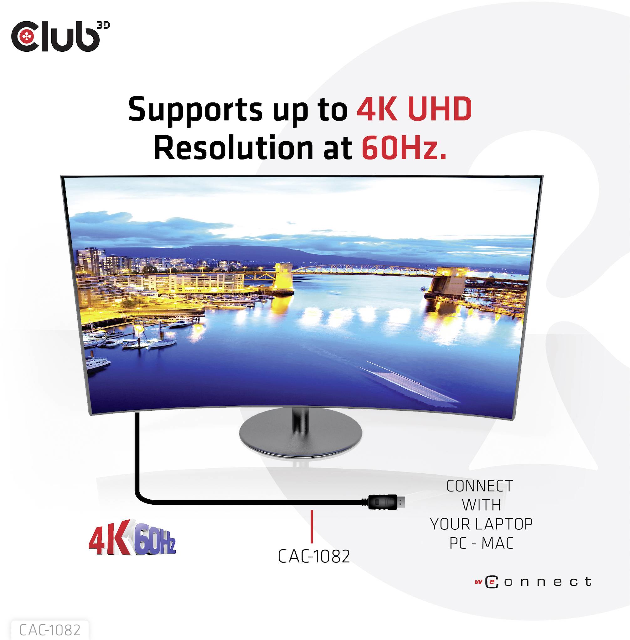 Zakrivený monitor s káblovým pripojením zobrazuje mestský výhľad na obrazovke. Text: "Podporuje až 4K UHD rozlíšenie pri 60 Hz."