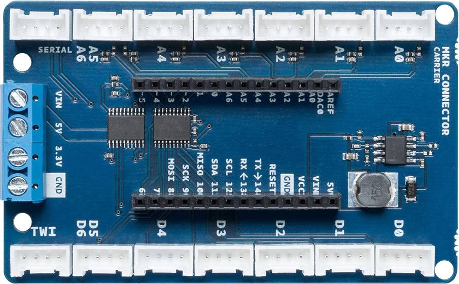 Modrá mikrocontrolérová doska s viacerými konektormi a centrálnym čipom. Pripojovacia lišta je označená A0 až A5 a D0 až D6.