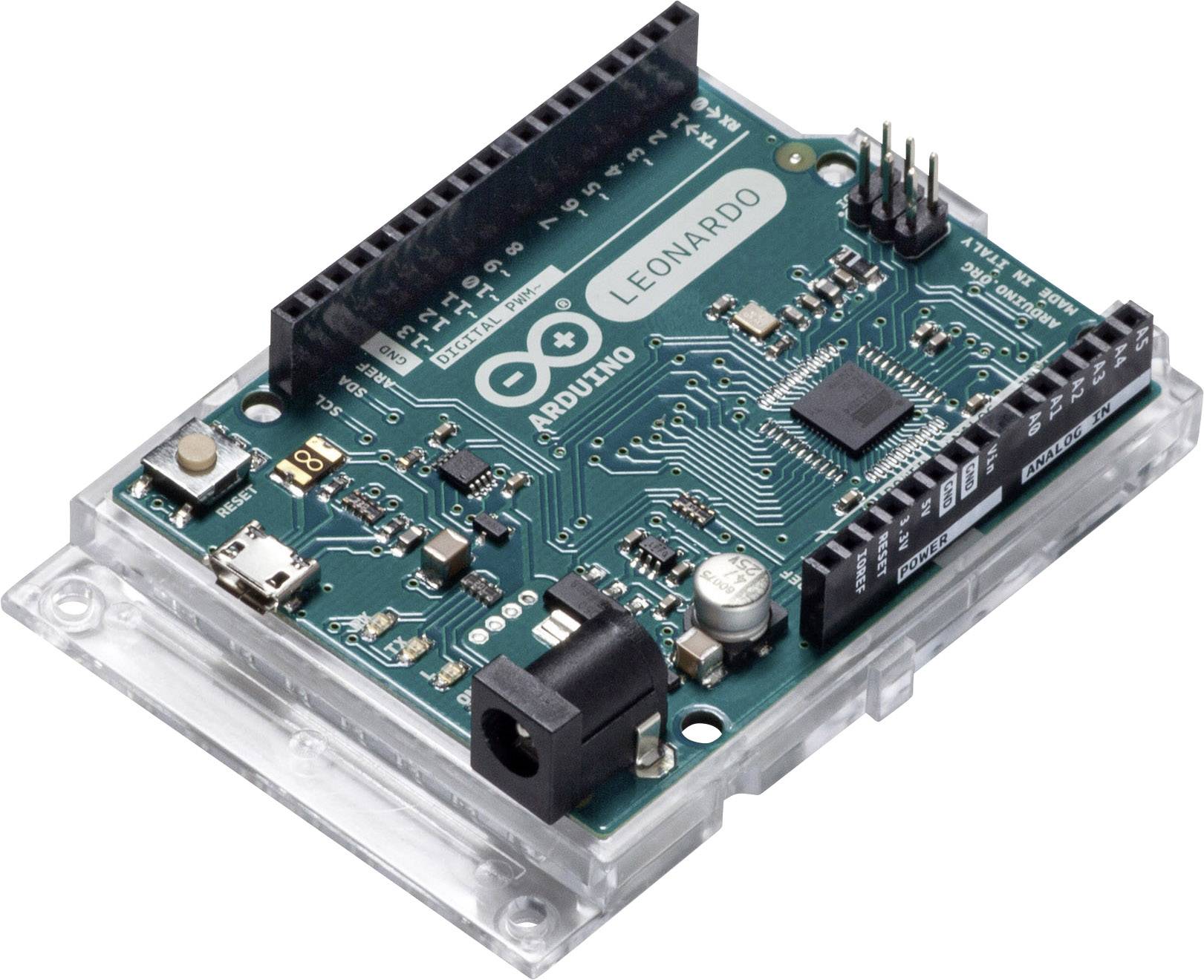 Arduino Leonardo mikrokontrólová doska s USB pripojením a integrovaným napájaním.