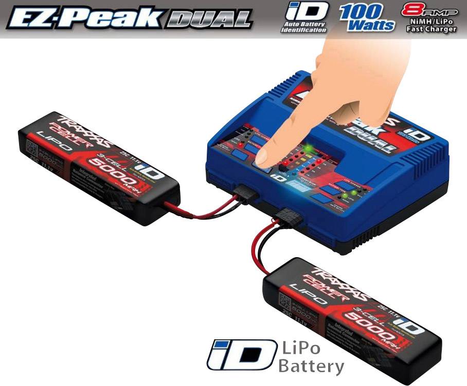 Modrá nabíjačka EZ-Peak DUAL s displejom a tlačidlami súčasne nabíja dva čierne akumulátory s kapacitou 5000 mAh. Prst ukazuje na displej.