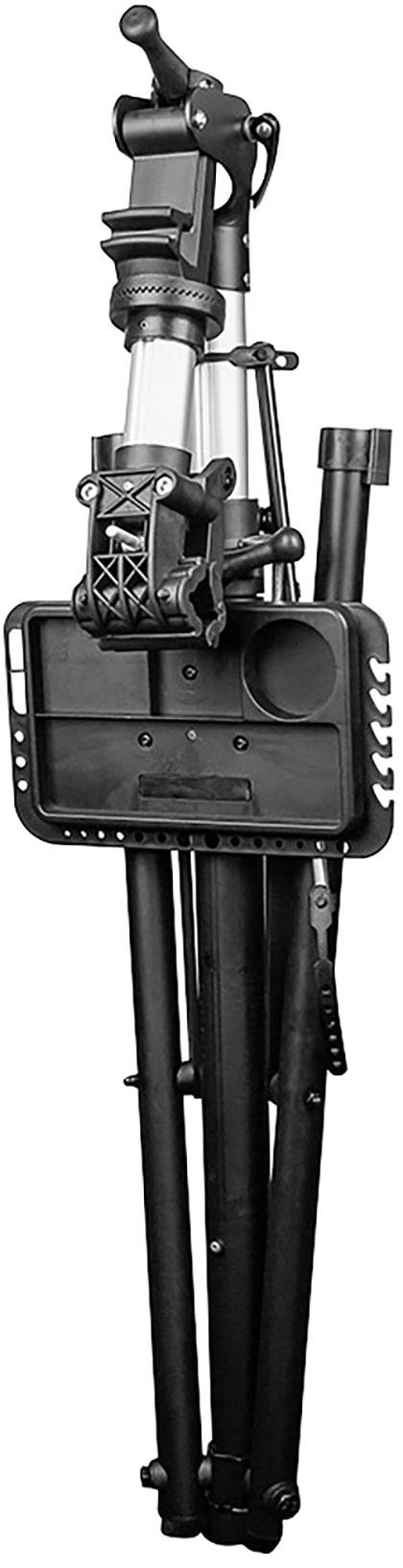 Zložený, čierny statív s rukoväťami a nastaviteľnými nohami. Vhodný pre fotoaparáty alebo osvetľovacie zariadenia.