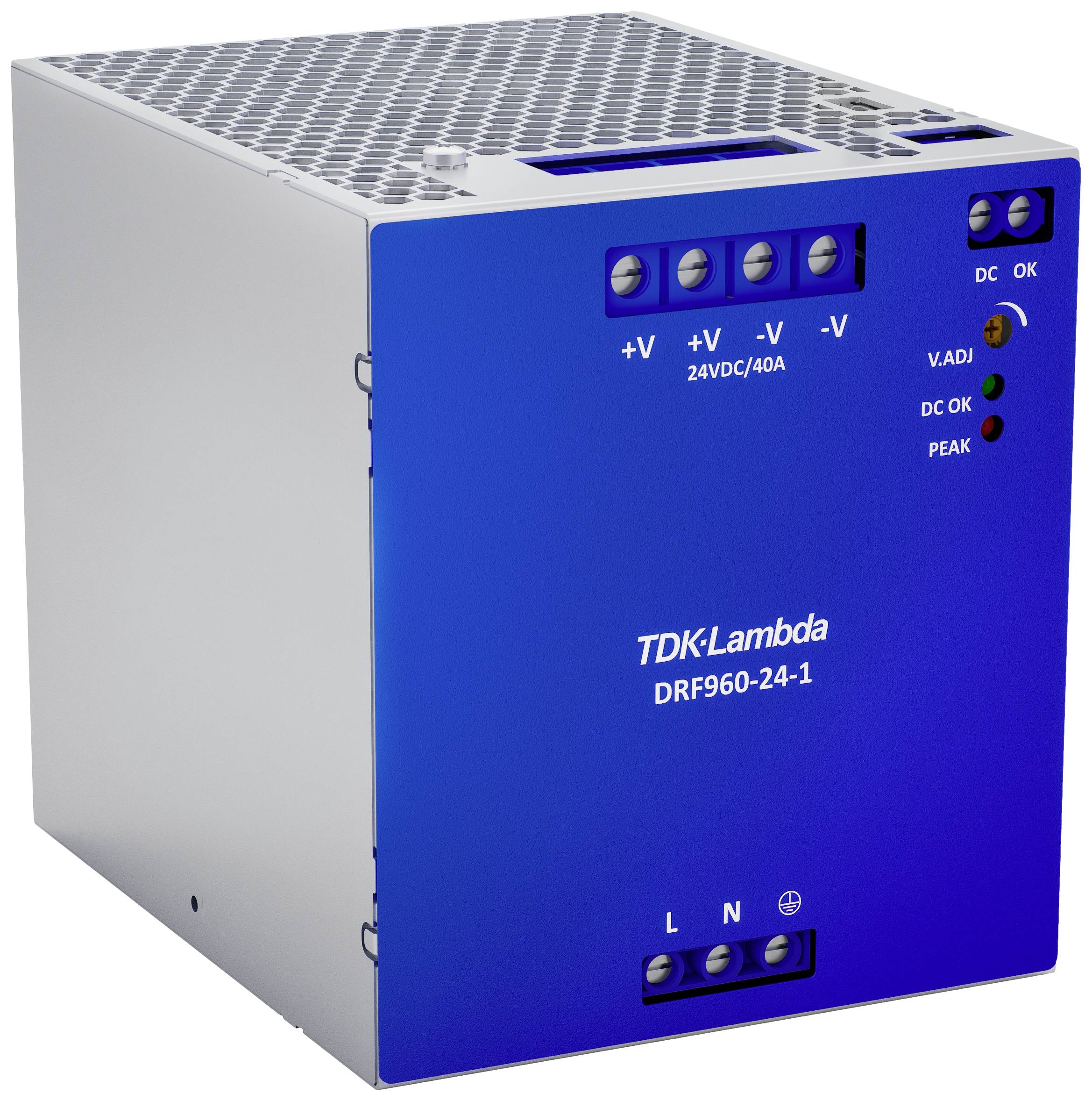 TDK-Lambda DRF960-24-1 napájací zdroj s modrou čelnou doskou, viacerými konektormi a LED indikátormi prevádzkového stavu.