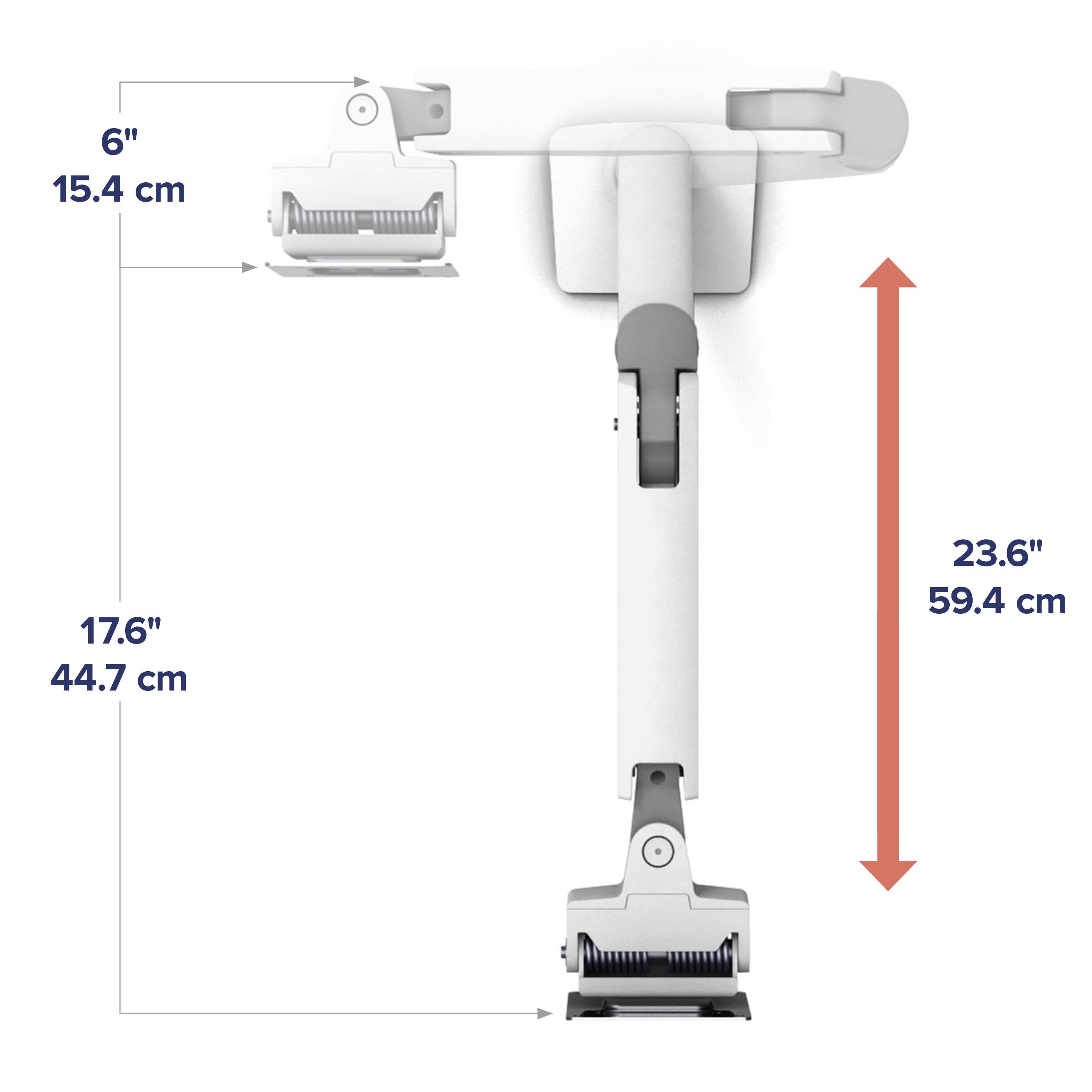Nastaviteľné rameno monitora s rozmermi: šírka 6" (15,4 cm), výška 17,6" (44,7 cm), výsuv 23,6" (59,4 cm). Montáž na stenu.