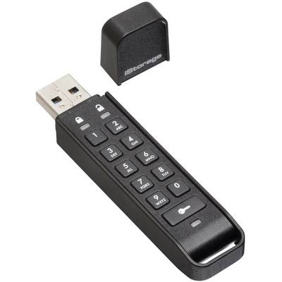 USB kľúč s integrovanou numerickou klávesnicou na zadávanie PIN kódu pre šifrované ukladanie dát. Kryt otvorený, nápis 'iStorage'.