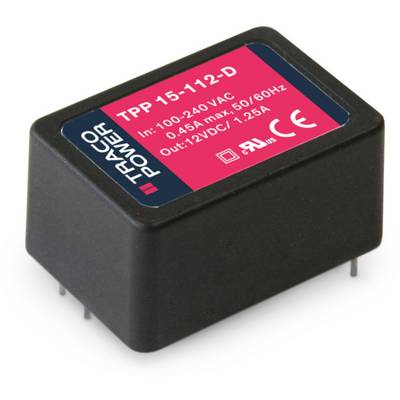 'Čierne napájací zdroj s červenou etiketou, s nápisom: Traco Power TPP 15-112-D. Vstup: 100-240VAC; Výstup: 12VDC/1,25A.'