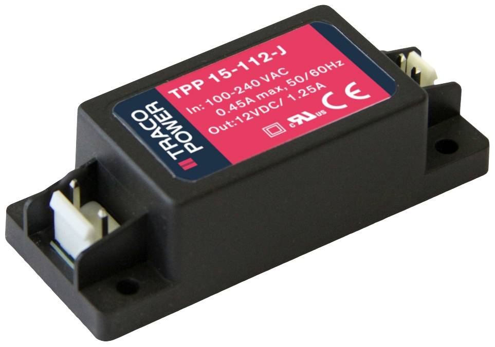 Čiernený obdĺžnikový napájací modul Traco Power, model TPP 15-112-J, označený vstupom 100-240VAC a výstupom 12VDC/1,25A.