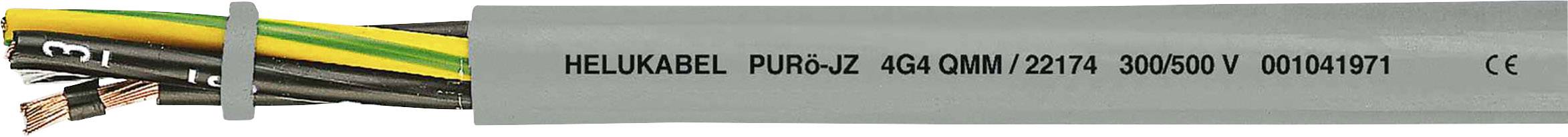 Sivý kábel s viacerými farebnými vodičmi viditeľnými. Nápis: 'HELUKABEL PUR-JZ 6G2,5 300/500 V 00141971'.