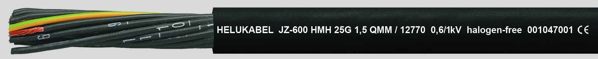 Obrázok čierneho kábla s označením 'HELU KABEL JZ-600 HMH'. Kábel má farebné pruhy a je bezhalogénový.