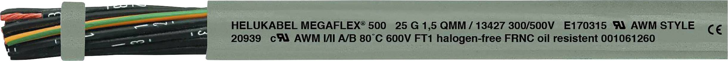 Viacžilový kábel s označením: 'HELUKABEL MEGAFLEX 500 25G1.5' a 'Bezhalogénový FRNC odolný voči oleju'. Vhodný pre 300/500V.
