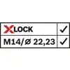 Tabuľka s dvoma riadkami. Hore: 'XLOCK' s fajkou. Dole: 'M14/Ø 22,23' s fajkou.