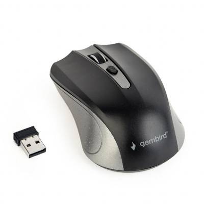 Čierna bezdrôtová počítačová myš s USB prijímačom.