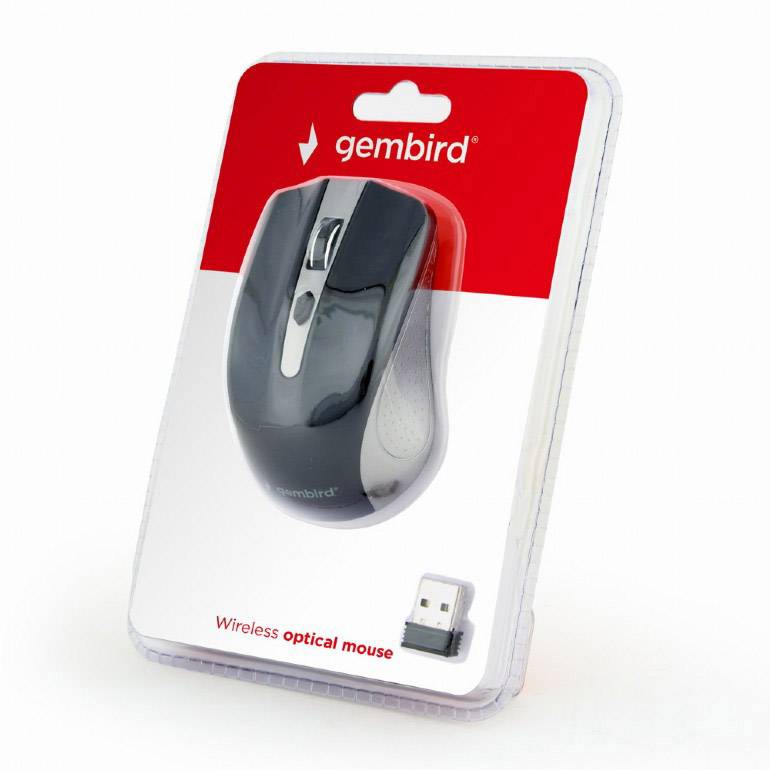 Optická bezdrôtová myš v plastovom obale od spoločnosti Gembird, čierno-sivá, vrátane USB prijímača, na bielom a červenom pozadí.
