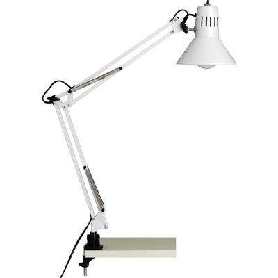 Biela stolová lampa s nastaviteľným ramenom, upevnená na okraji stola.