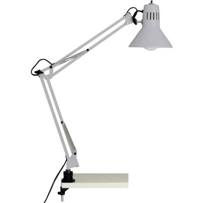 Biela stolová lampa s nastaviteľným ramenom, namontovaná na stole.