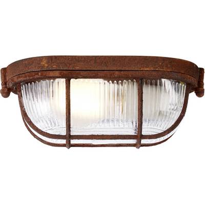 Rustikálna nástenná lampa z kovu so skleneným krytom, ktorá vyžaruje teplé svetlo. Ideálna pre industriálne alebo rustikálne dekorácie.