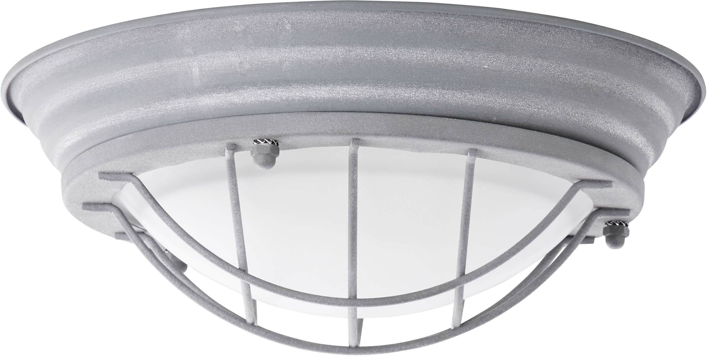 Stropné svietidlo z kovu s ochranným mriežkovým dizajnom a matným skleneným krytom.