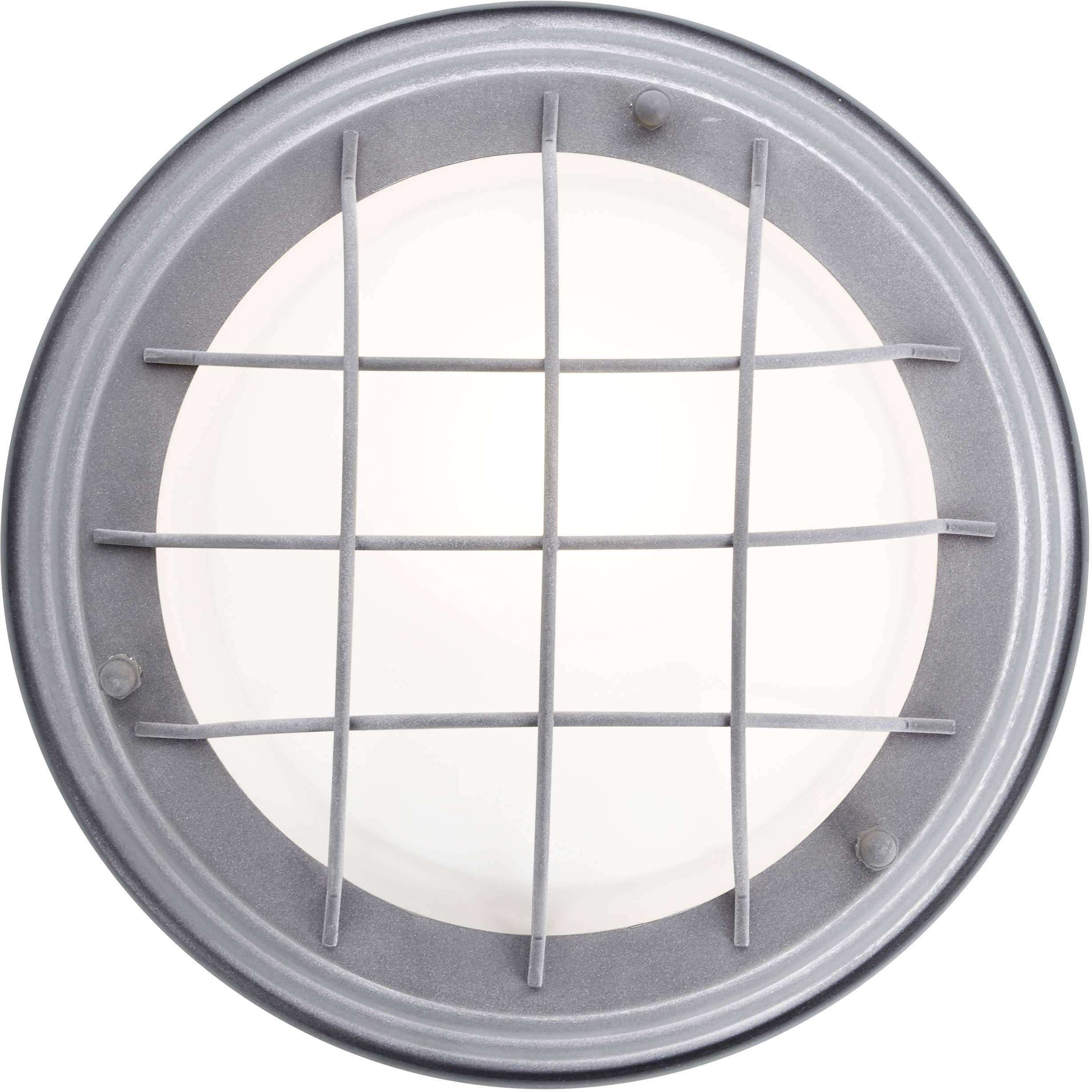 Okrúhle nástenné alebo stropné svietidlo s mriežkovou krytkou a matným bielym svetlom, vhodné pre priemyselné alebo rustikálne interiéry.