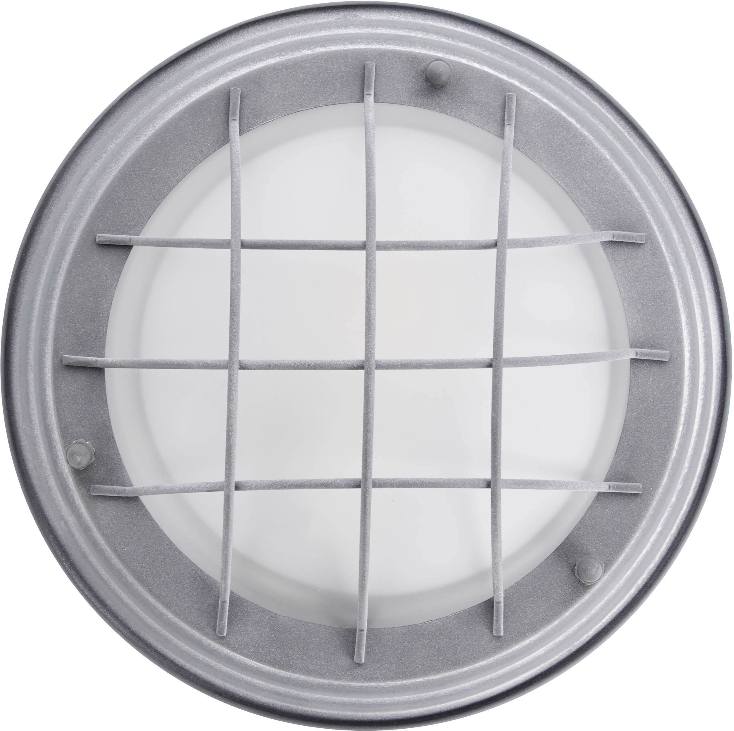 Okrúhle stropné svietidlo s kovovým mriežkovým krytom v modernom dizajne.