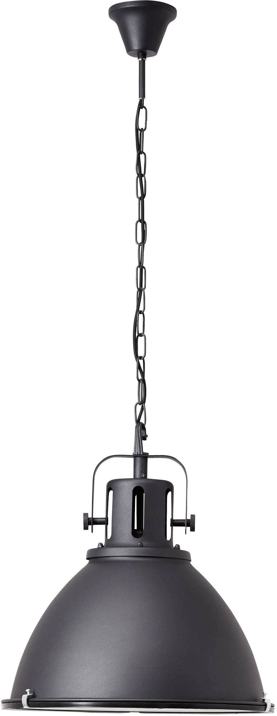 Čierna závesná lampa v priemyselnom štýle s reťazou na nastavenie výšky. Dokonale sa hodí do moderných obytných priestorov a loftov.