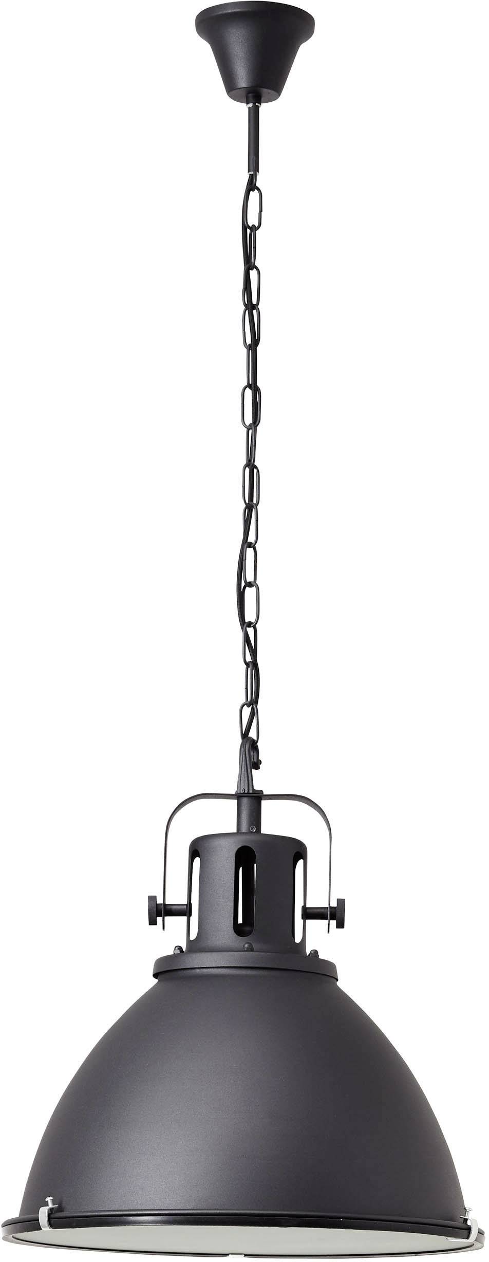 Čierne priemyselné svietidlo so zavesením na reťazi a veľkým, klenutým tienidlom.