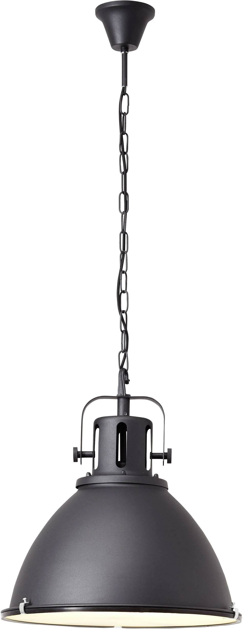 Visacia priemyselná čierna lampa so zavesením na reťazi a veľkým, kupolovitým tienidlom.