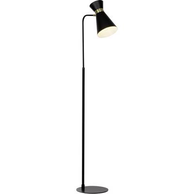 Čierna, moderná stojanová lampa s úzkym podstavcom a lievikom tvarovaným tienidlom smerujúcim nadol.