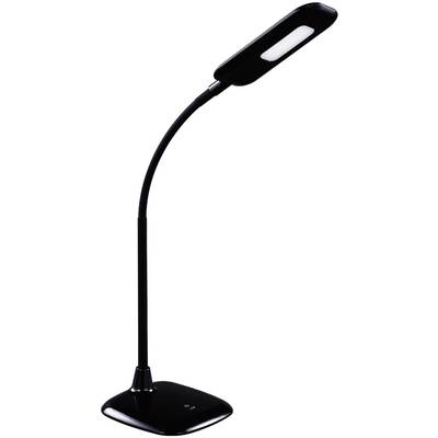 Čierna, moderná LED stolná lampa s flexibilným krkom a obdĺžnikovým tienidlom, vhodná na čítanie alebo prácu.