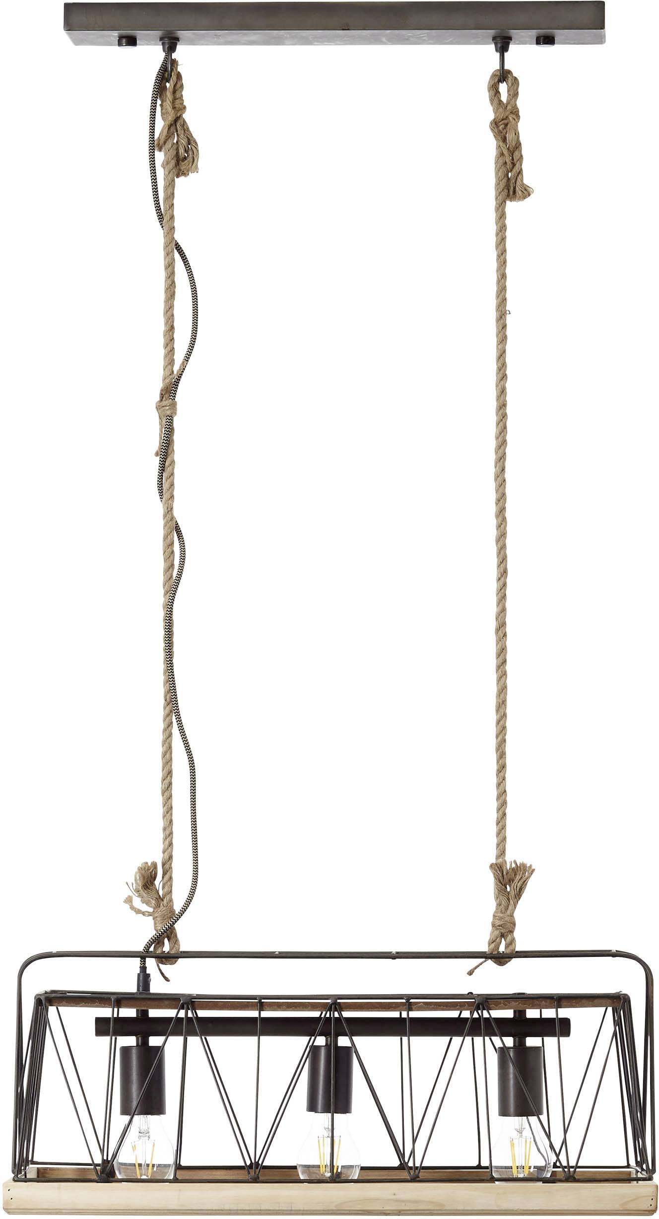Závesná lampa s kovovým rámom a tromi svetelnými zdrojmi, zavesená na dvoch lanách, v modernom industriálnom dizajne.