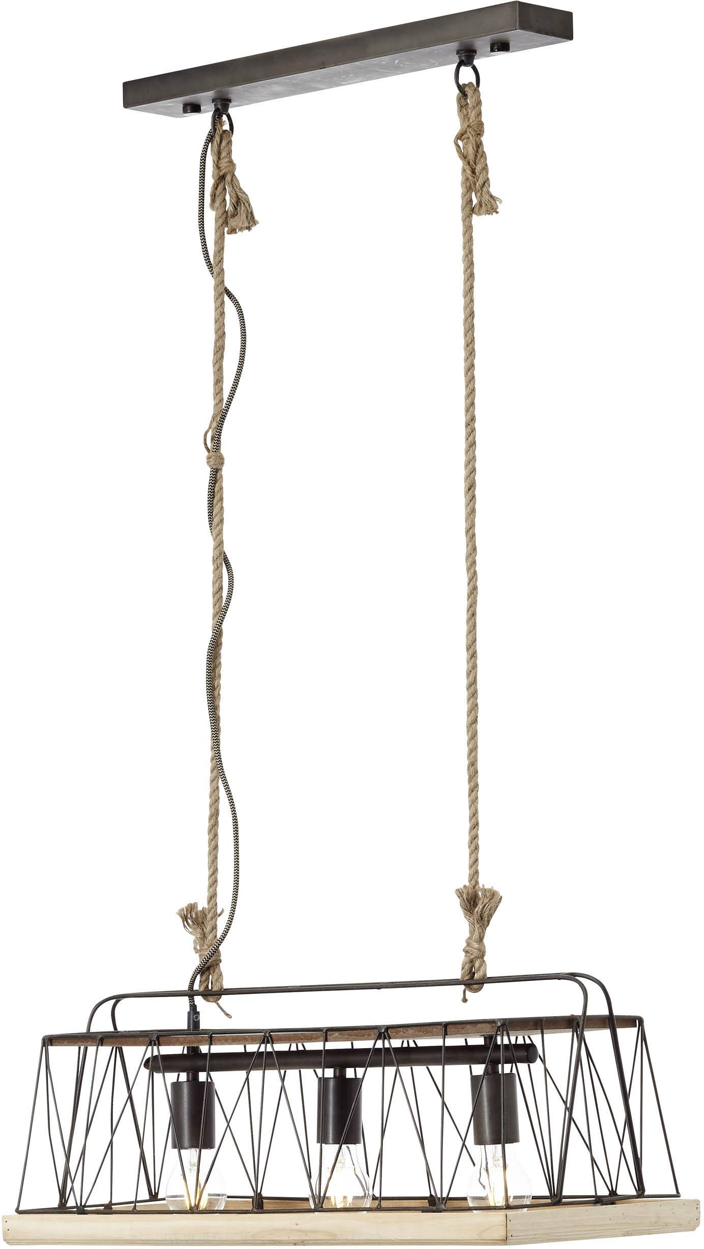 Závesná lampa v priemyselnom dizajne s tromi viditeľnými žiarovkami a drôtenými klietkami, zavesená na dvoch lanách.