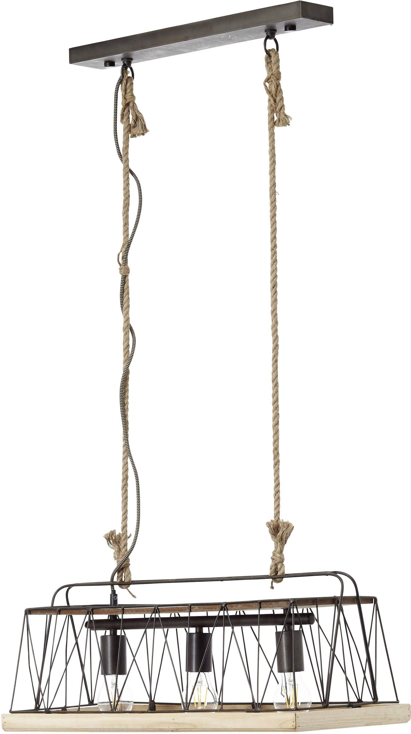 Obdĺžniková závesná lampa v priemyselnom štýle s čiernym kovovým rámom a lankovým zavesením, obsahujúca niekoľko viditeľných žiaroviek.