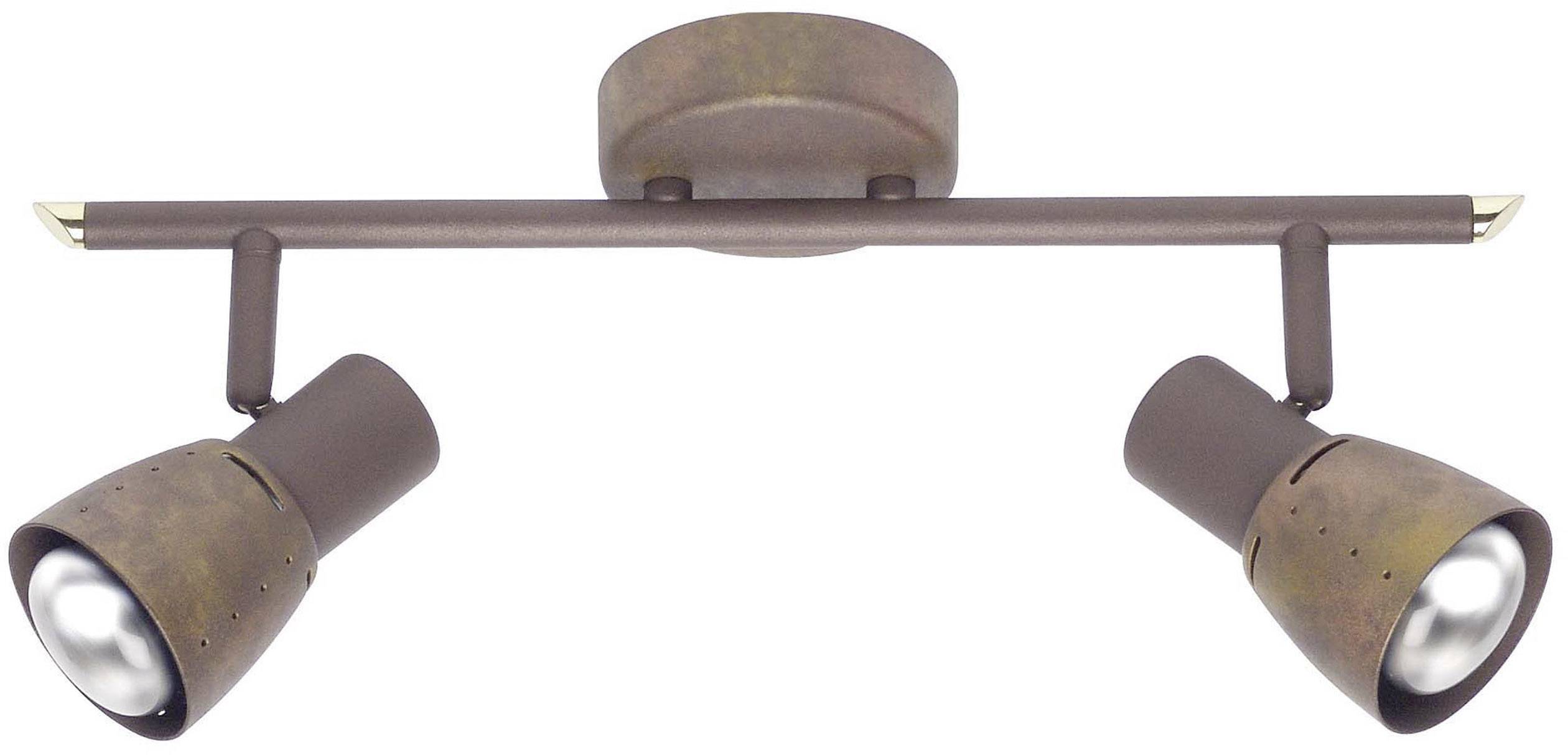 Dvojramenné stropné svietidlo v antickej mosadznej úprave s nastaviteľnými reflektormi, ideálne na cielenú priestorovú osvetlenie.