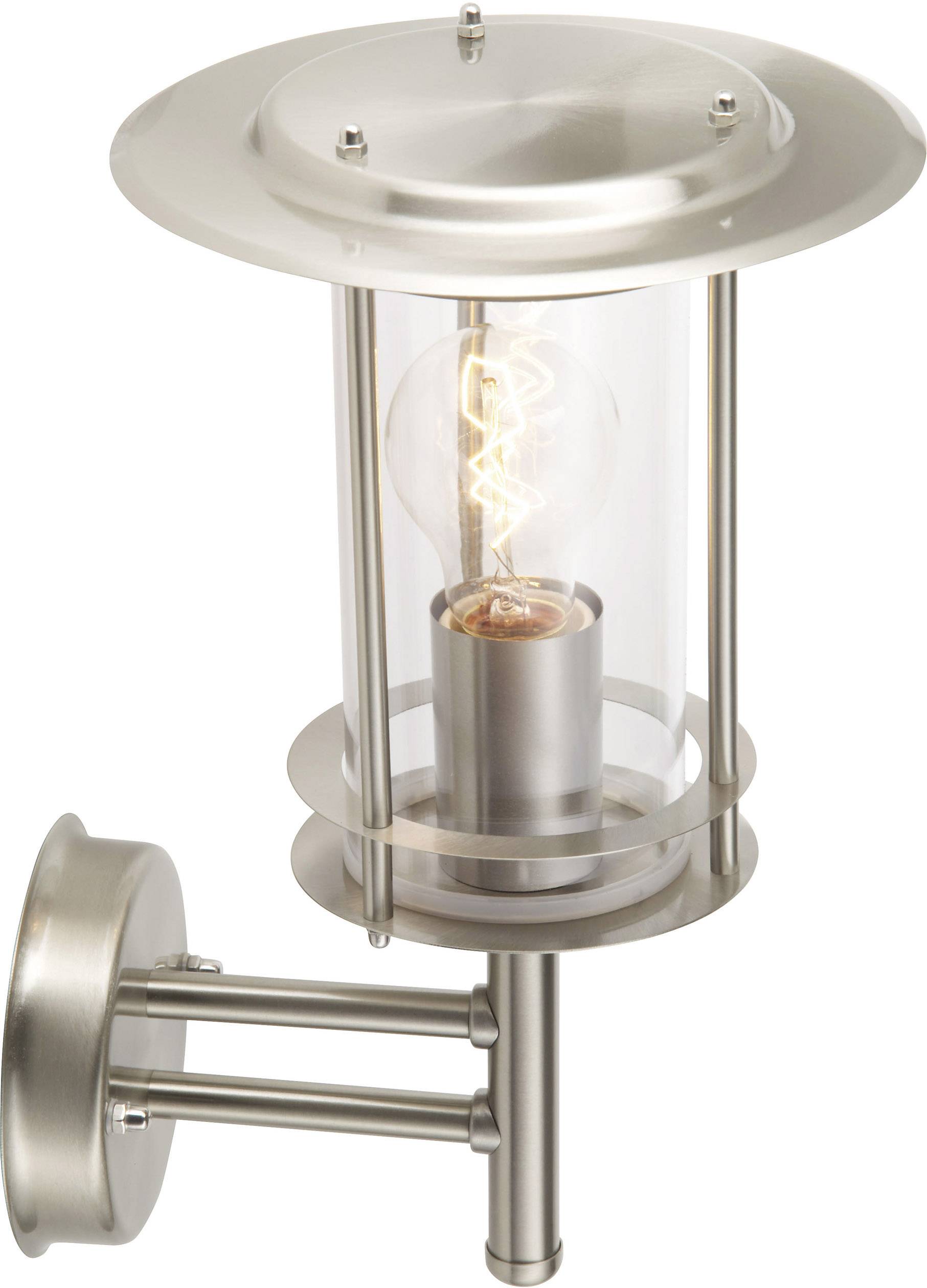 Nástenná lampa z brúseného kovu s priehľadným sklom a viditeľnou žiarovkou, vhodná pre moderné exteriéry aj interiéry.