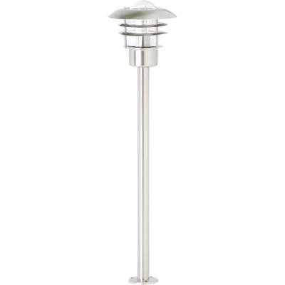 Nerezová záhradná lampa so zvislou stojacou trubkou a ochranným krytom nad priehľadným svetelným tienidlom. Ideálna pre vonkajšie osvetlenie.