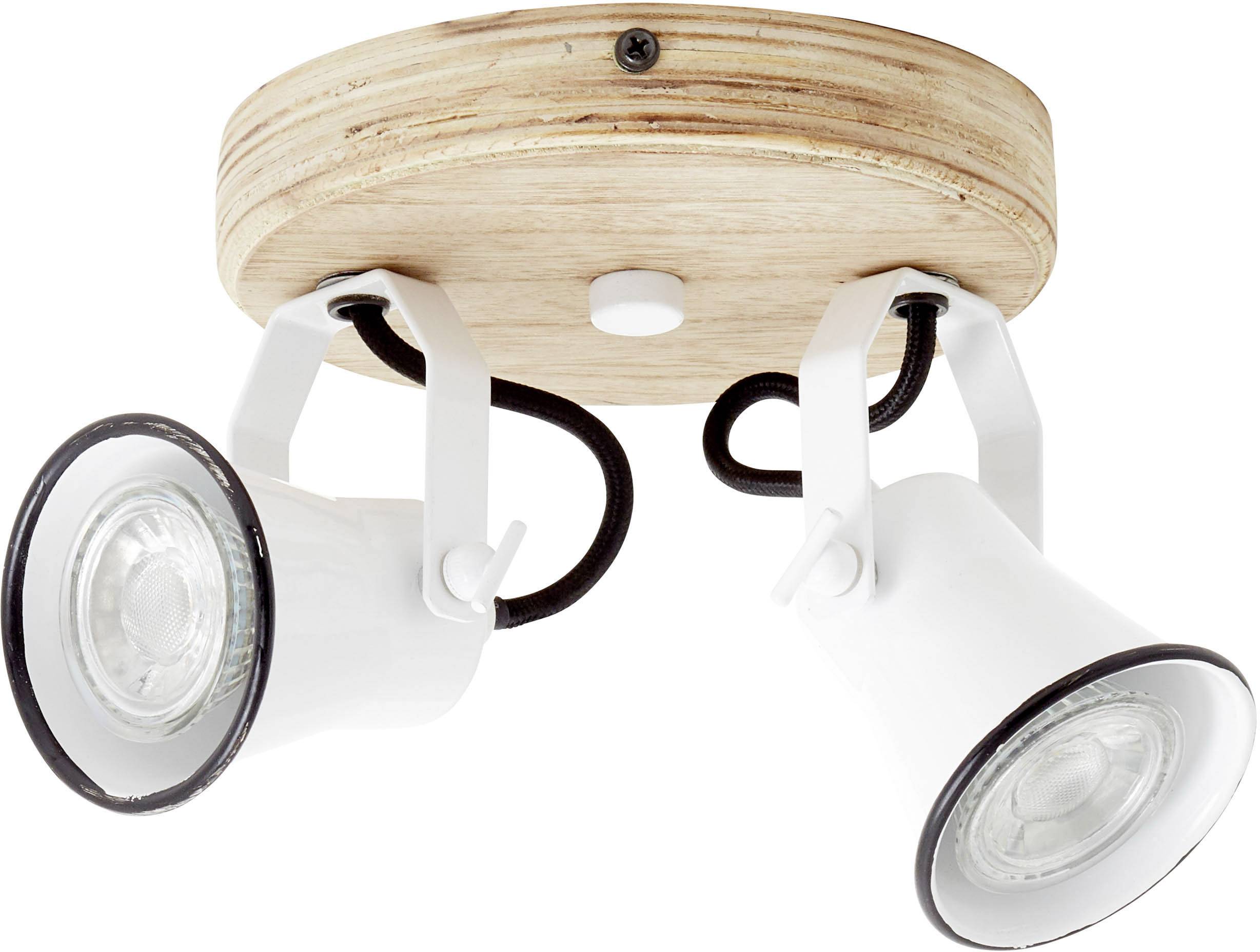 Dvojramenné stropné svietidlo s dreveným držiakom a bielymi svetlometmi, ktoré umožňujú smerovať svetlo do rôznych smerov.