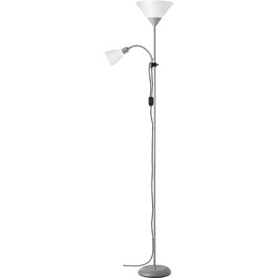 Kovacia stojacia lampa s dvoma bielymi tienidlami; veľké pevné tienidlo hore a malé nastaviteľné tienidlo na flexibilnom ramene.