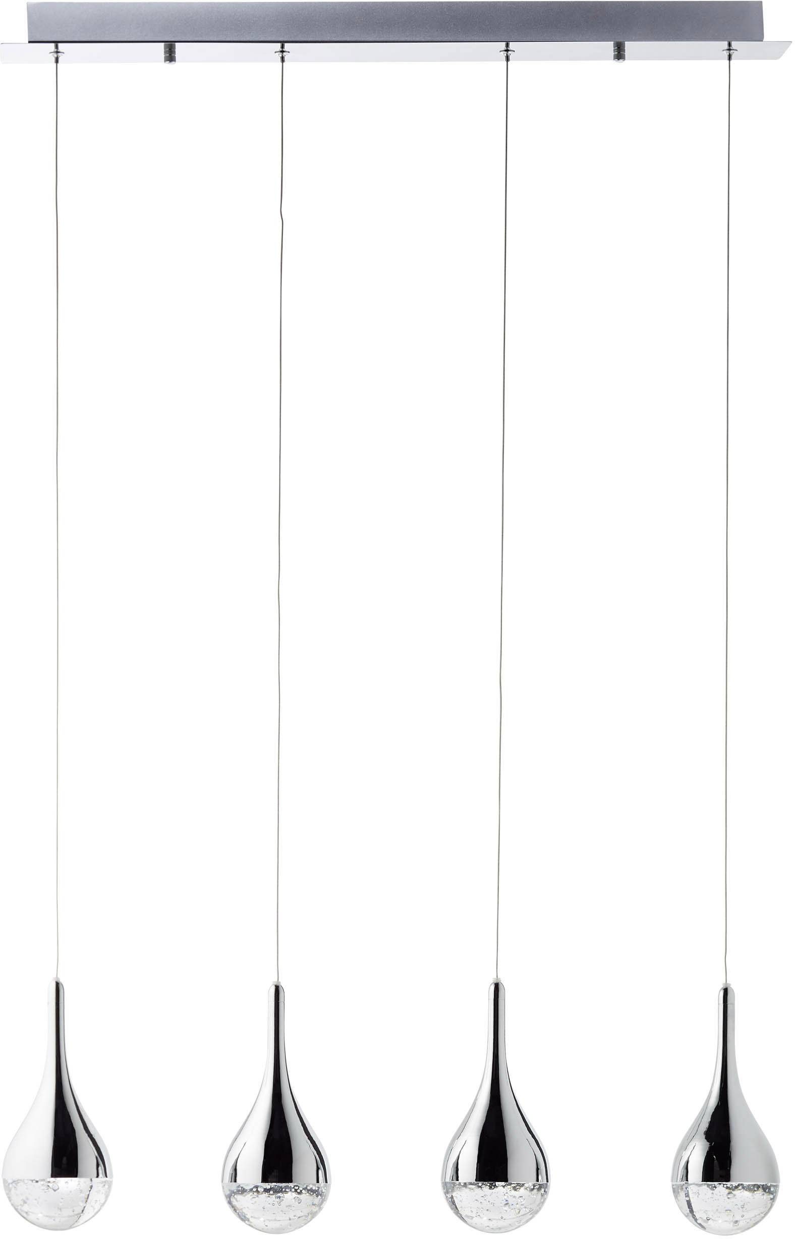 Závesná lampa so štyrmi lesklými, kvapkovitými závesnými svetlami, ktoré visia na tenkých lanách z obdĺžnikovej stropnej konzoly.