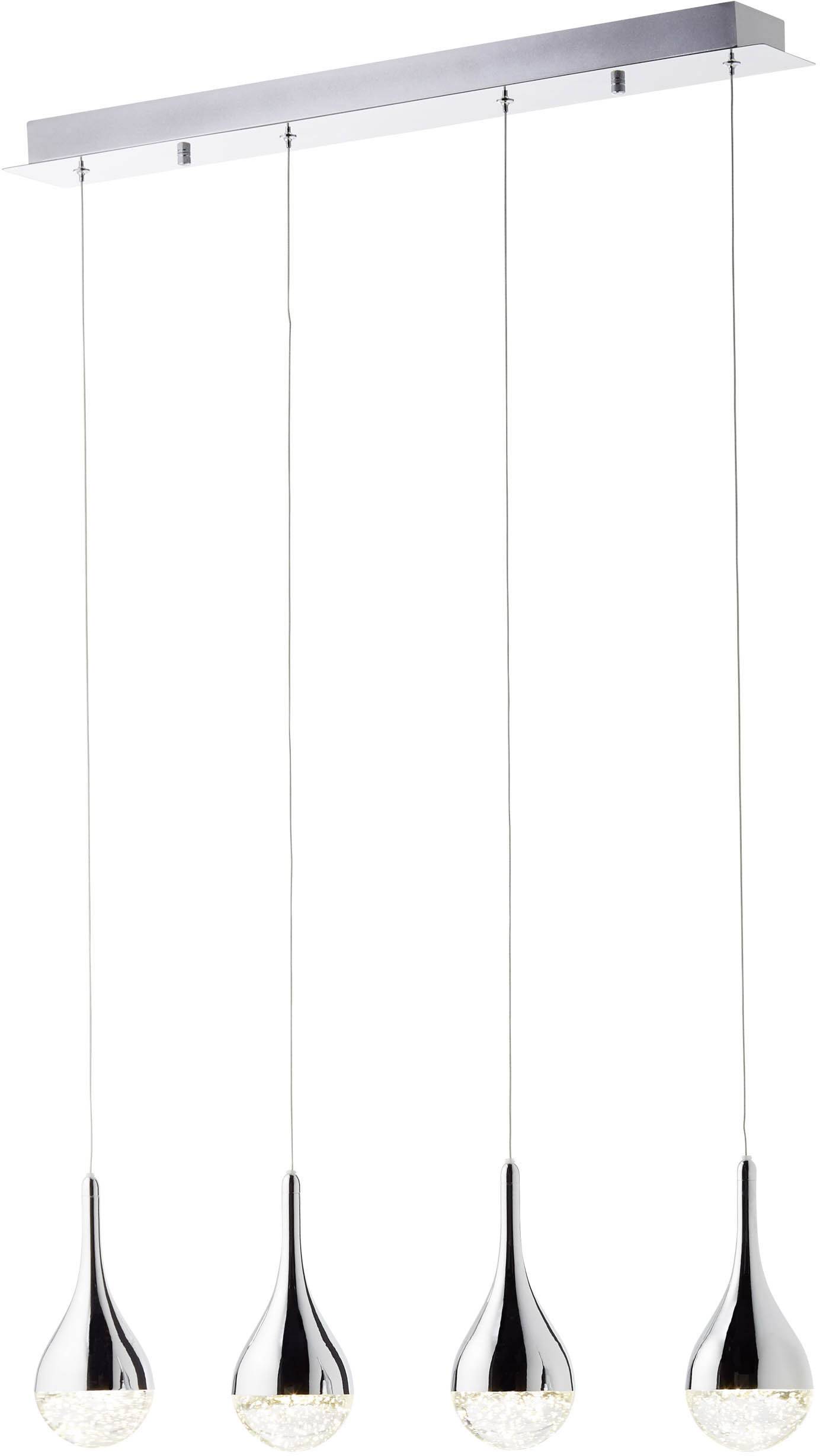 Moderná závesná lampa so štyrmi visiacimi svetlami v tvare kvapiek, vyrobená z lesklého kovu a skla, vhodná do jedálne.