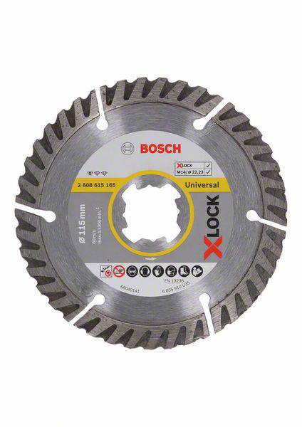 Diamantový kotúč na uhlovú brúsku, značka Bosch, univerzálny typ, priemer 115 mm, X-LOCK uchytenie, vhodný pre rôzne materiály.