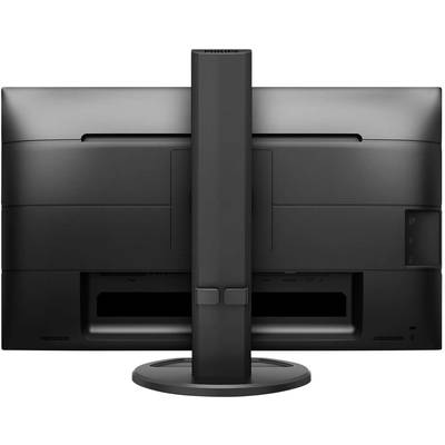 Pohľad zozadu na čierny počítačový monitor s nastaviteľným stojanom. Monitor má štíhly, moderný dizajn.