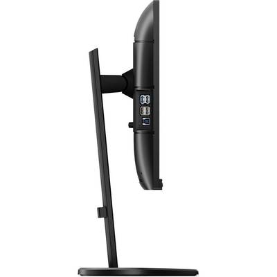 Počítačový monitor pohľadovo z boku s viacerými USB portami na zadnej strane, upevnený na stabilnom podstavci.