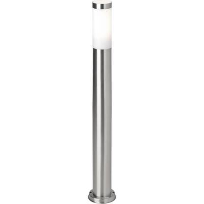 Strieborná, moderná vonkajšia lampa s valcovitým dizajnom a bielou, svetlopriepustnou hornou časťou.