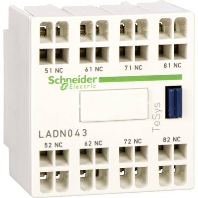 Elektrická súčiastka od spoločnosti Schneider Electric, model LADN043. Zobrazuje pripájacie svorky označené ako 'NC' a 'NO' pre elektrické prepojenia.