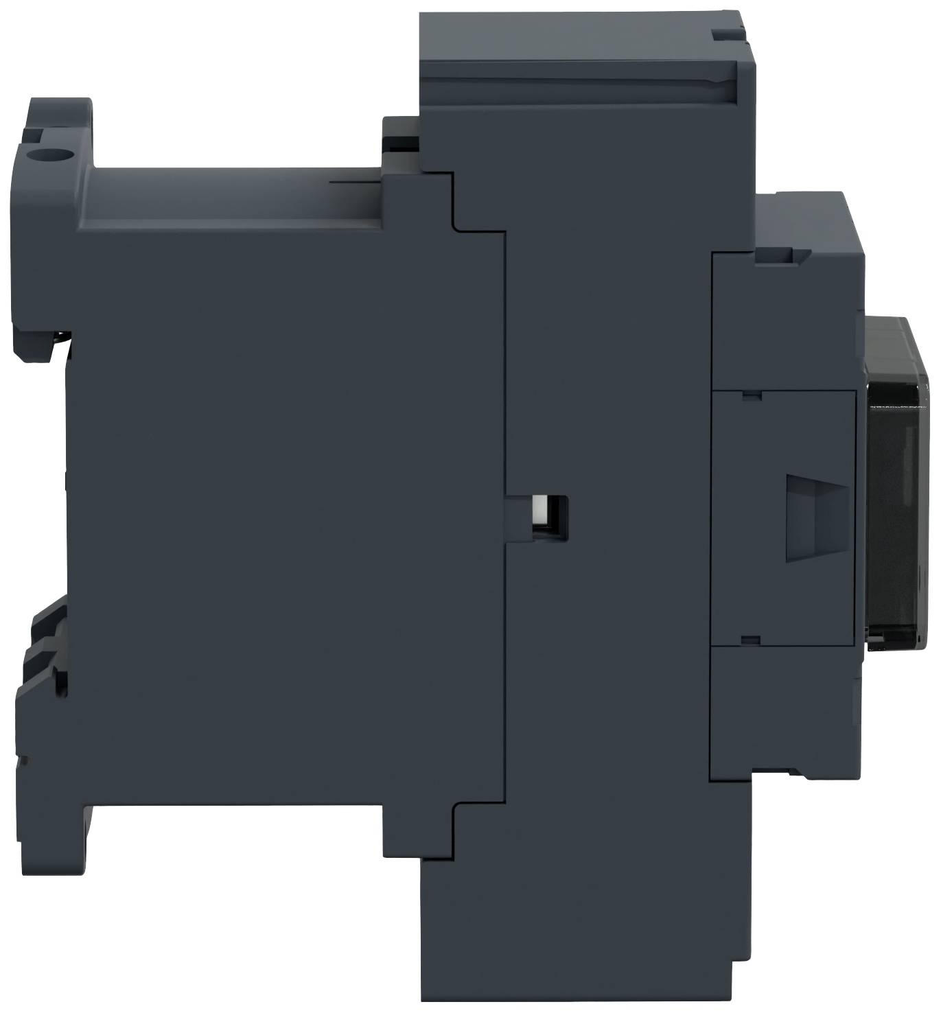 Obrázok zobrazuje bočný pohľad na tmavosivý ochranný spínač, ktorý je možné namontovať na DIN lištu.