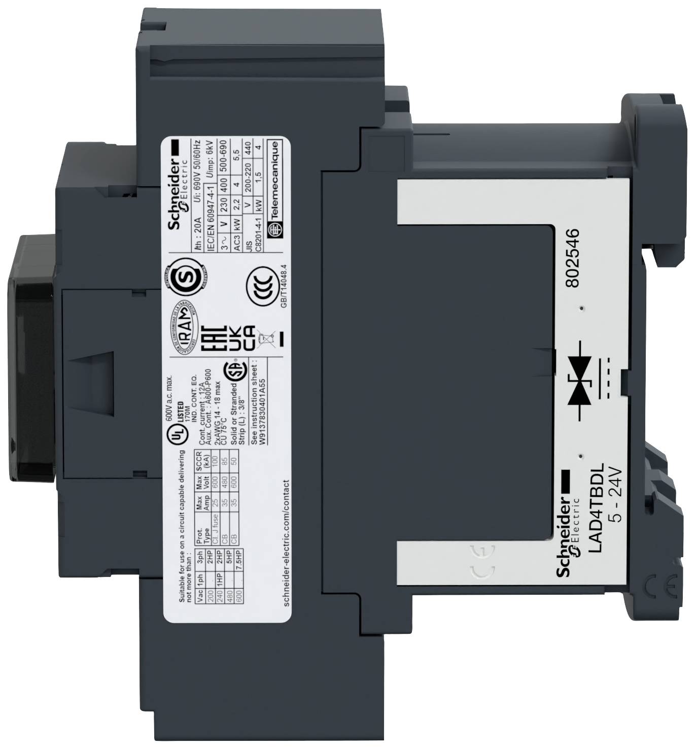 Elektrická súčiastka od Schneider Electric, modelové číslo LA9CTBL. Na strane sú zobrazené technické špecifikácie a schválenia.