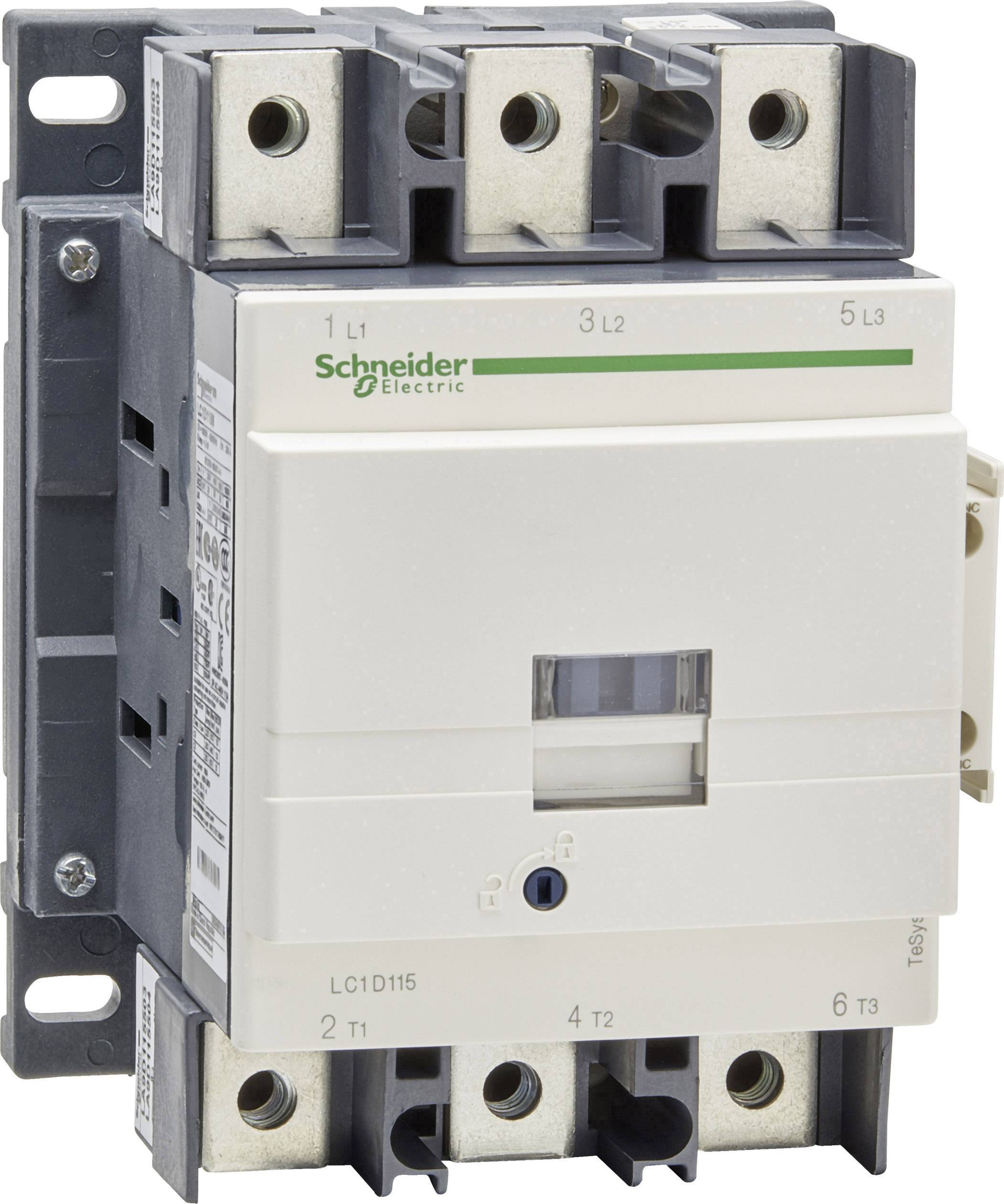 Biely istič značky Schneider Electric s tromi hornými a tromi dolnými svorkami, rozpoznateľný podľa nápisu 'Schneider Electric'.
