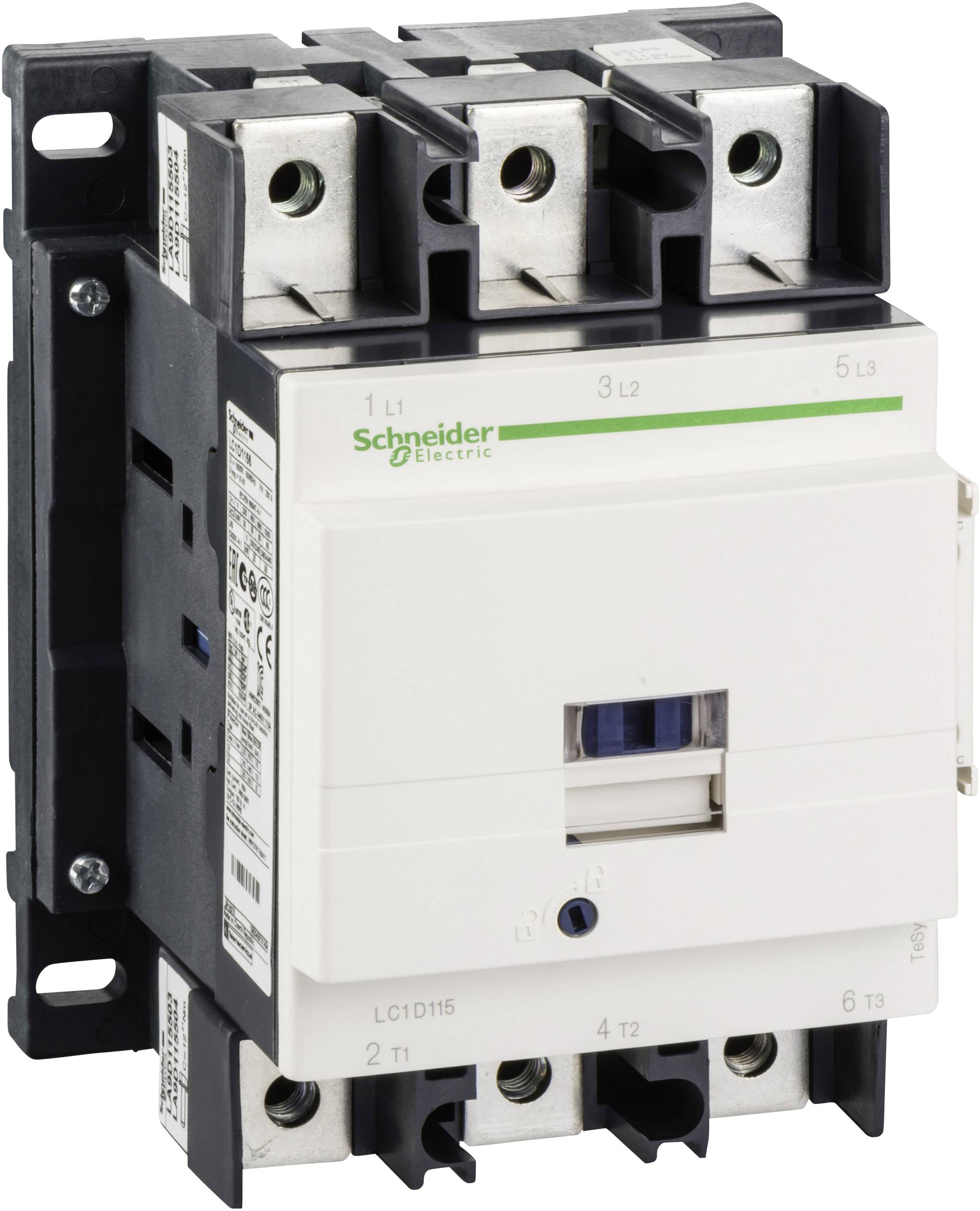 Biely výkonový spínač od Schneider Electric so šiestimi svorkami, používaný na ovládanie elektrických obvodov.