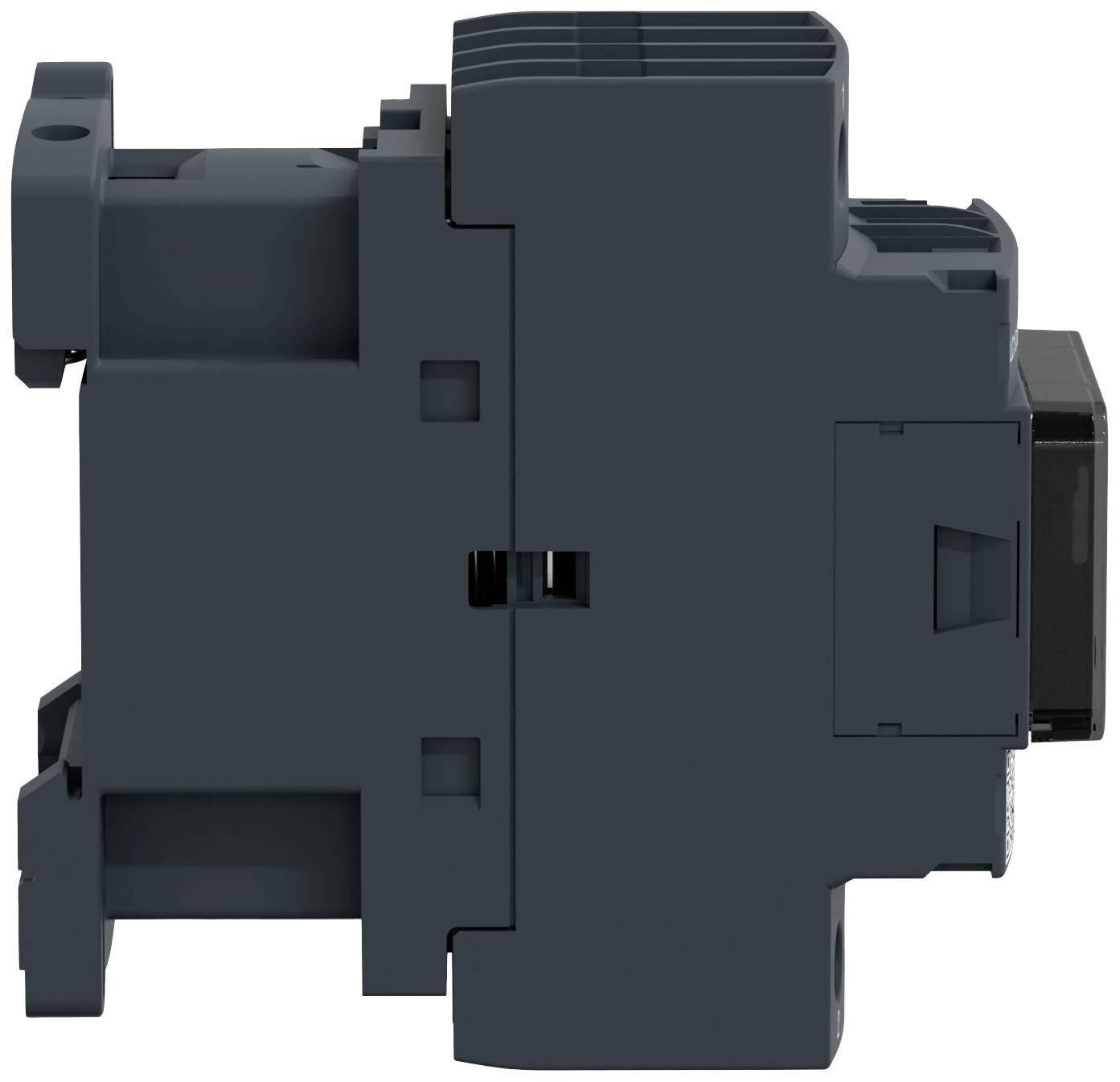 Elektrický komponentový kryt v tmavej farbe, pohľad z boku, ukazuje jeho kompaktnú konštrukciu a montážne prvky.