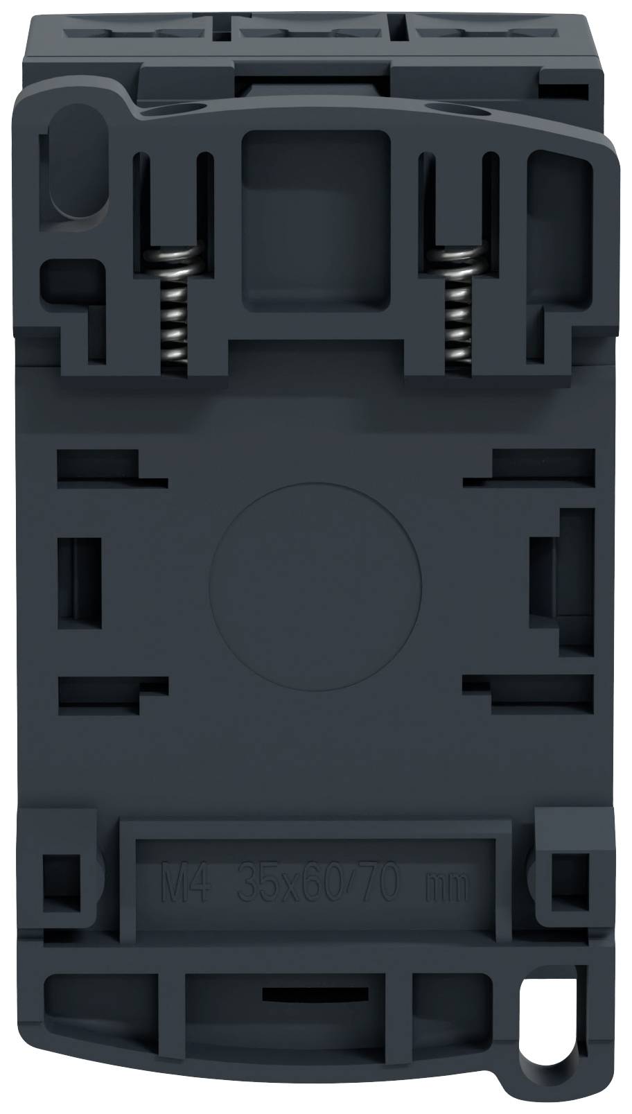 Čierne, obdĺžnikové plastové puzdro s viacerými výrezmi a otvorom v rohu. Má dve kovové pružiny v hornej časti.