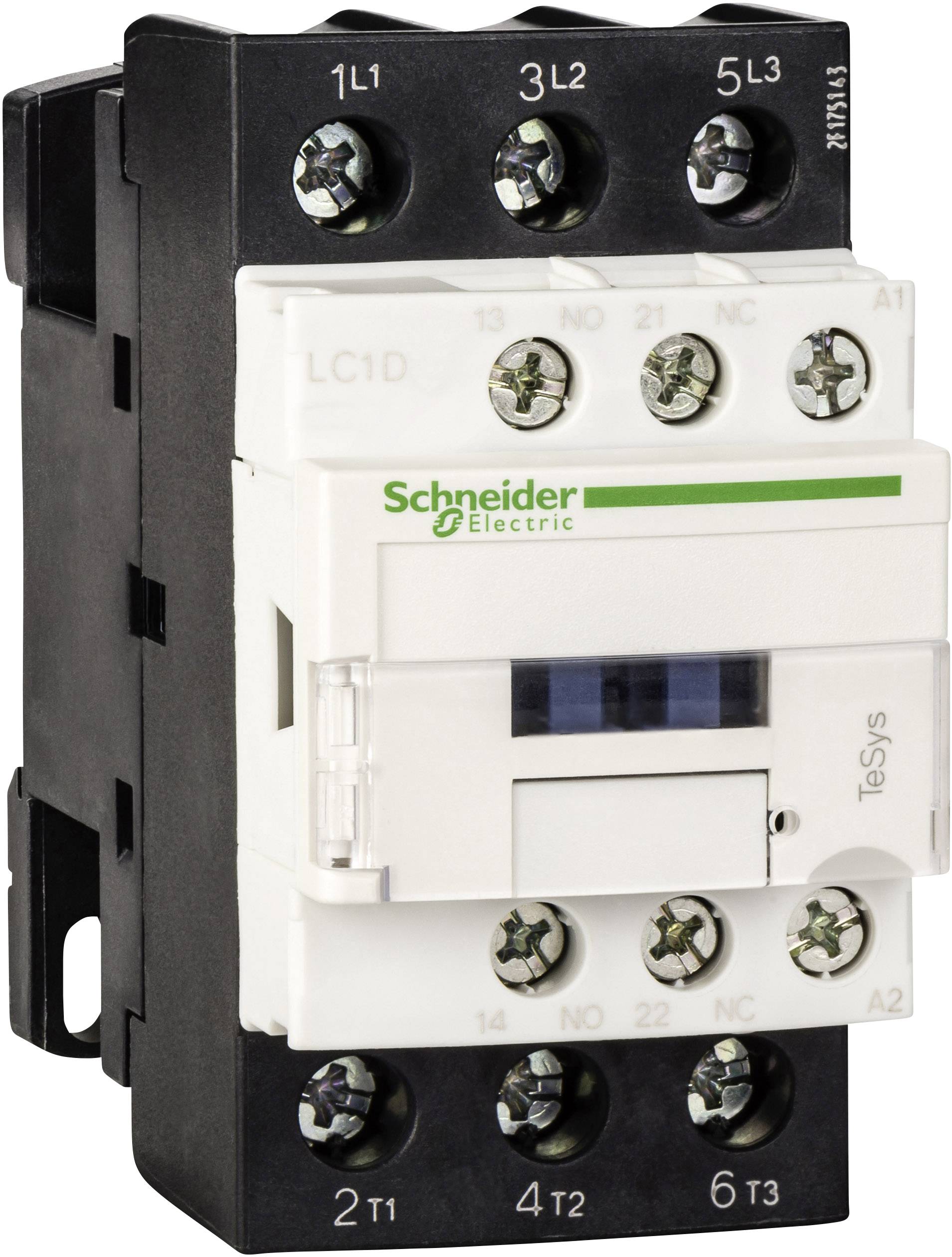 Elektrotechnický stykač od Schneider Electric s prípojkami pre fázy a ovládacie obvody, model 'TeSys D'.